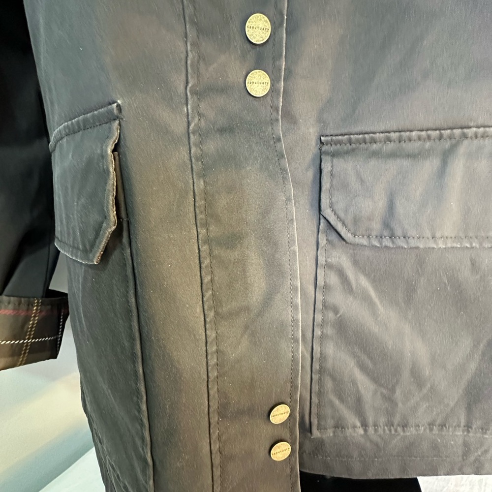 Sanctuary Black Waxed Jacket Size M NWT Corduroy Collar Plaid Lined Barn Coat - Picture 4 of 8